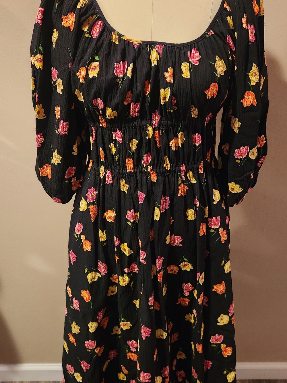 kate spade Black Floral Puff-Sleeve Midi Dress with Pink & Yellow Blooms